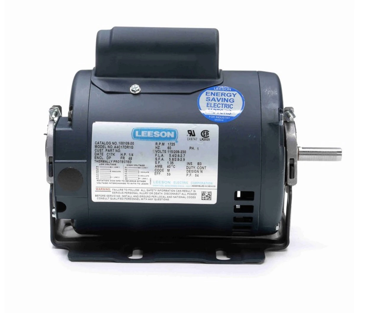 100109.00 Leeson 1/4 Hp 1800 RPM 115/208-230V 48 Frame (Resilient Base) ODP 1-Phase Fan Motor 3 100109.00 Leeson 1/4 Hp 1800 RPM 115/208-230V 48 Frame (Resilient Base) ODP 1-Phase Fan Motor - Image 3