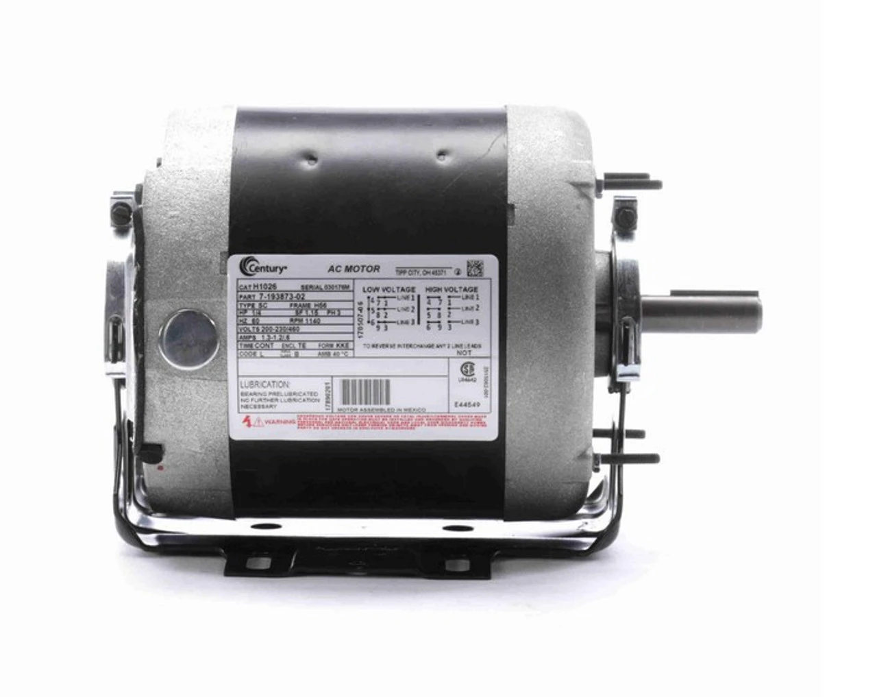 H1026 Century 1/4 Hp (1 Speed) 200-230/460V 1200 RPM TENV 56 Frame 3 Phase Resilient Base Motor 3 H1026 Century 1/4 Hp (1 Speed) 200-230/460V 1200 RPM TENV 56 Frame 3 Phase Resilient Base Motor - Image 3