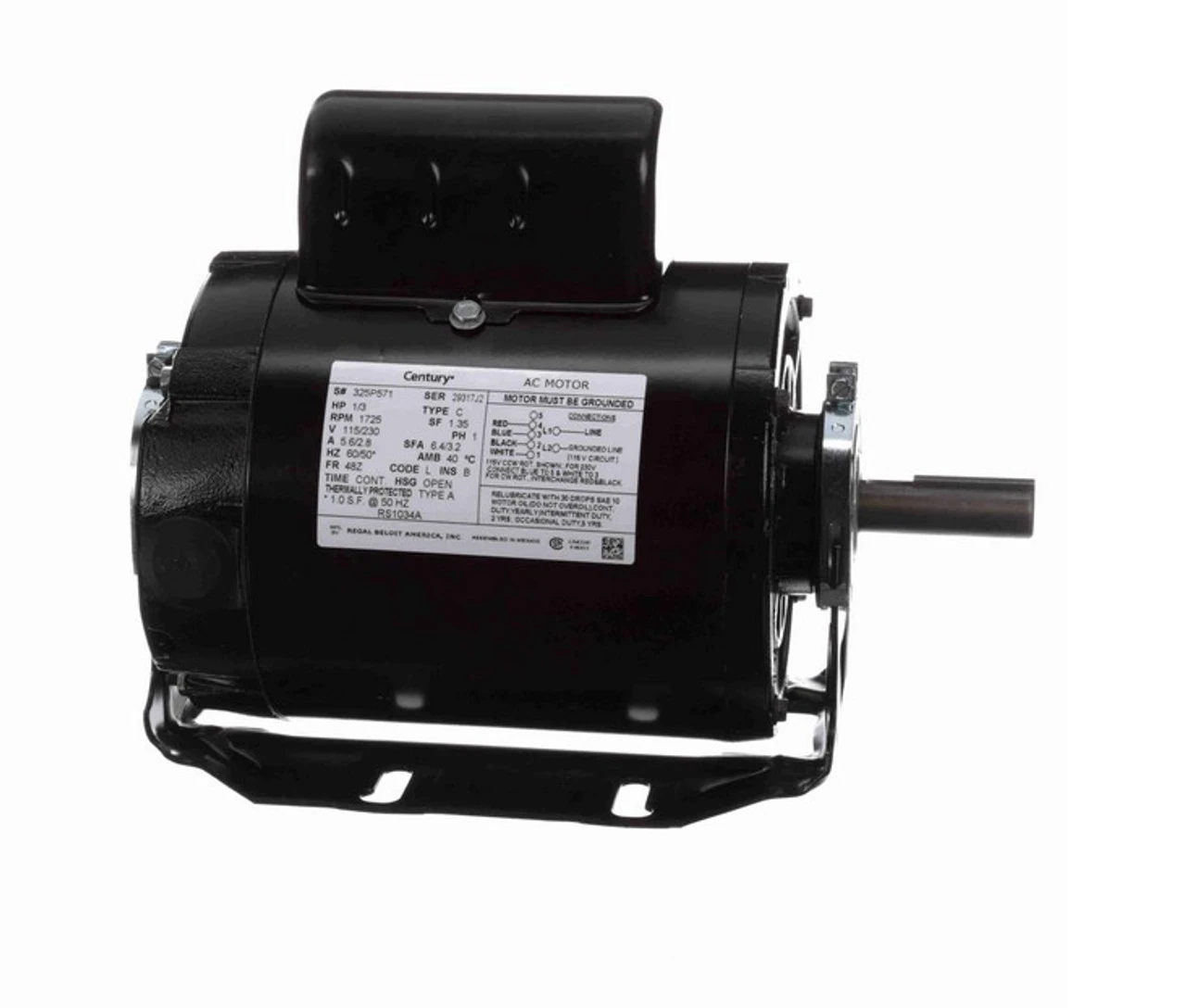 RS1034A Century 1/3 Hp (1 Speed) 115/230V 1800 RPM ODP 48Z Frame Cap Start Resilient Base Motor 3 RS1034A Century 1/3 Hp (1 Speed) 115/230V 1800 RPM ODP 48Z Frame Cap Start Resilient Base Motor - Image 3