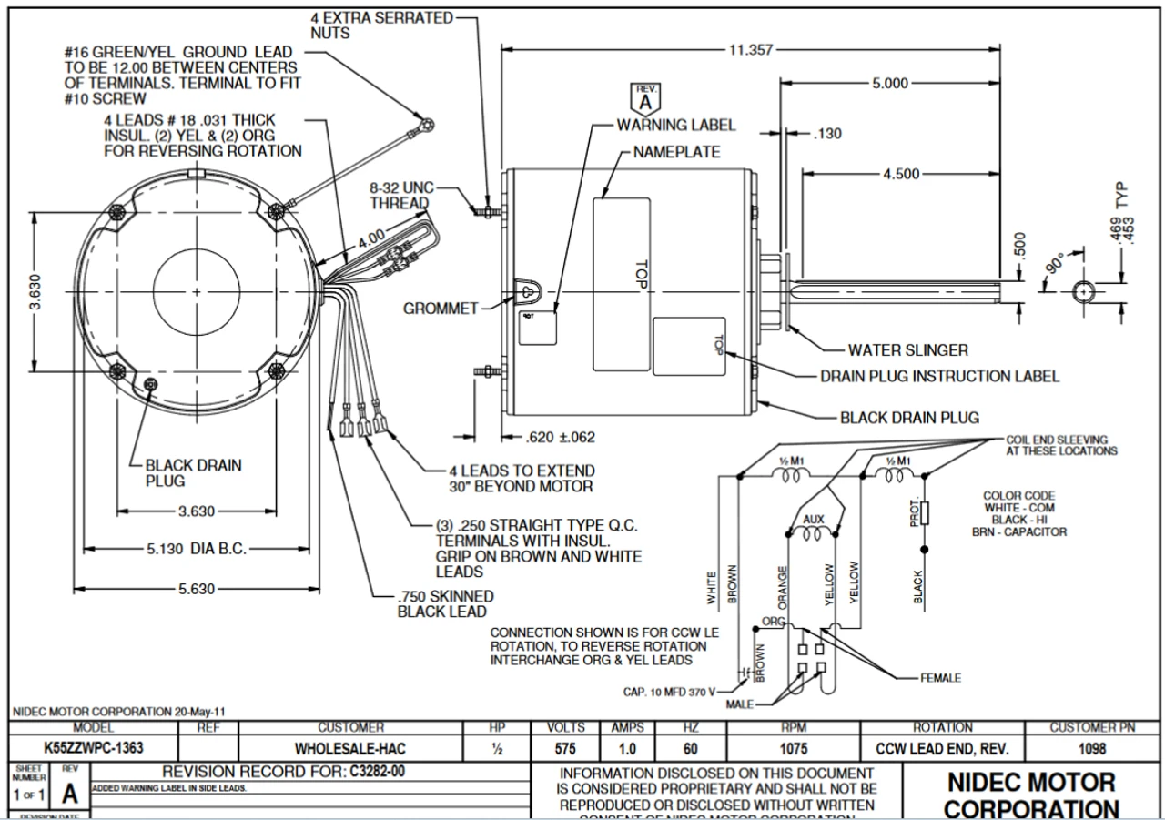 1098 Nidec 1/2 Hp 1075 RPM 575V 5.6" Dia. (No Base) 1-Speed TEAO Condenser Motor 2 1098 Nidec 1/2 Hp 1075 RPM 575V 5.6" Dia. (No Base) 1-Speed TEAO Condenser Motor - Image 2