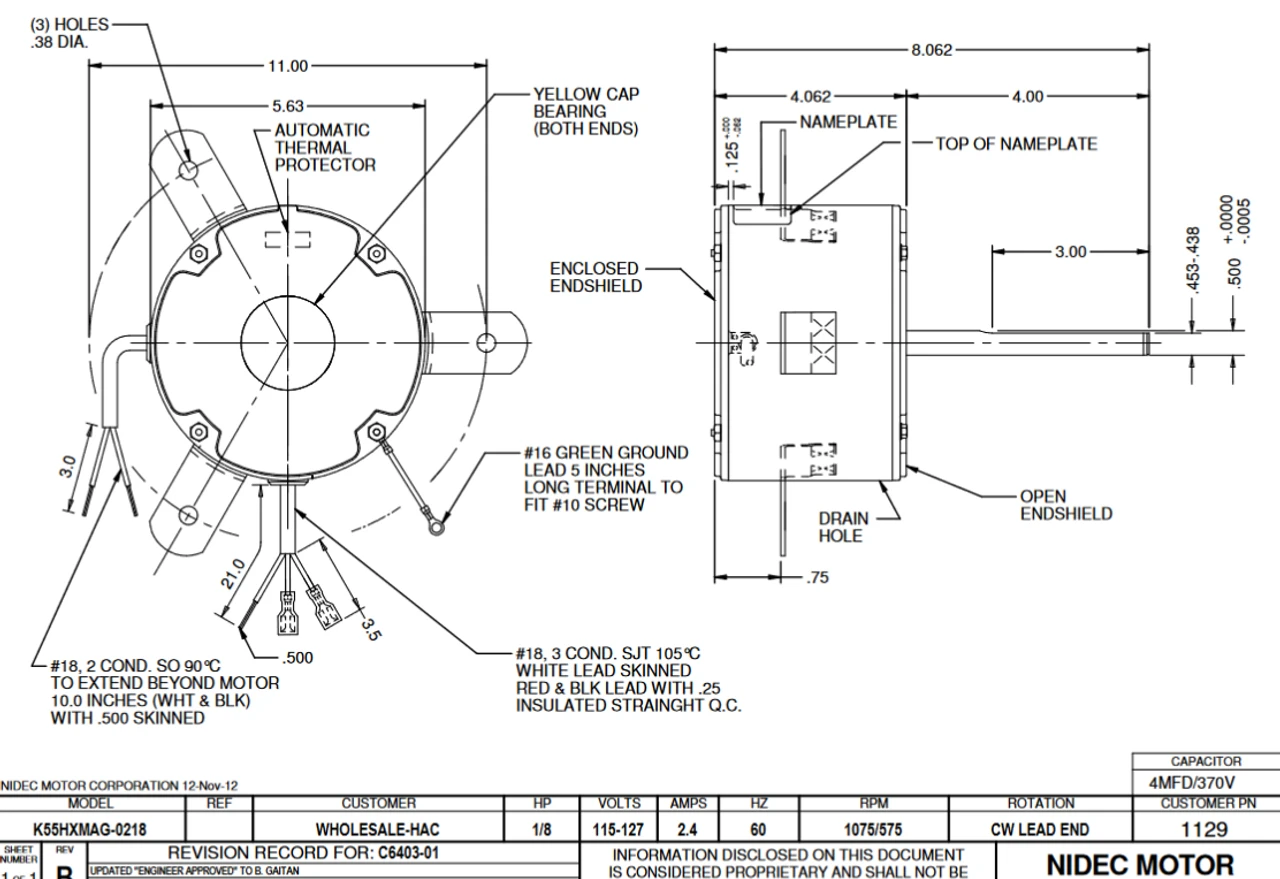 1129 Nidec 1/8 Hp 1075/575 RPM (2 Speed) 115V 48 Frame ODP Evaporative Cooler Motor 2 1129 Nidec 1/8 Hp 1075/575 RPM (2 Speed) 115V 48 Frame ODP Evaporative Cooler Motor - Image 2