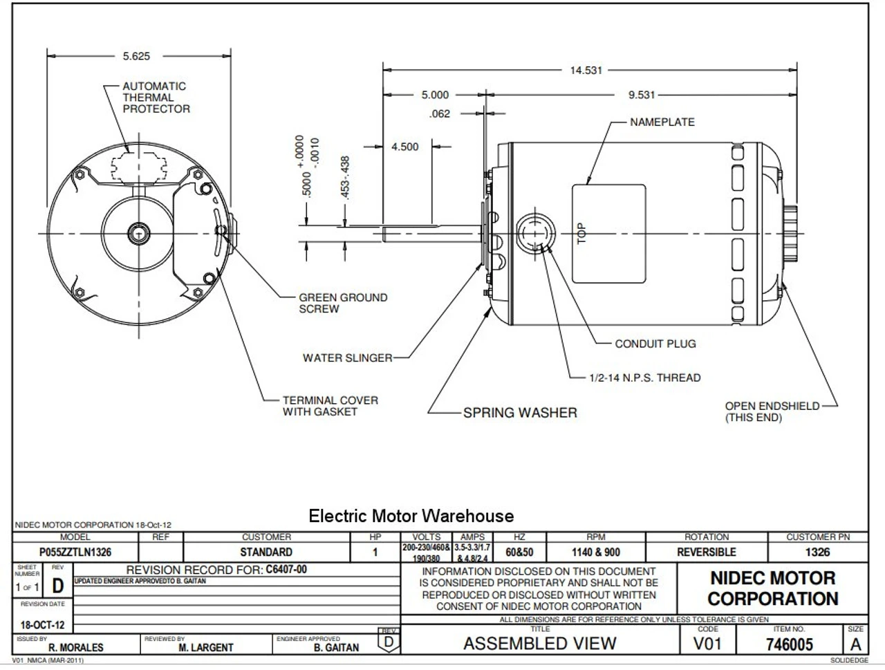 1326 Nidec | 1 Hp 1140 RPM 1-Speed 200-230/460, 190/3480V; 5.6" Blower Motor 3 1326 Nidec | 1 Hp 1140 RPM 1-Speed 200-230/460, 190/3480V; 5.6" Blower Motor - Image 3
