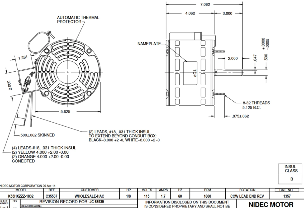 1357 Nidec 1/8 Hp 1600 RPM 115V 5.6" Dia. (No Base) 1-Speed Open Fan Motor 2 1357 Nidec 1/8 Hp 1600 RPM 115V 5.6" Dia. (No Base) 1-Speed Open Fan Motor - Image 2