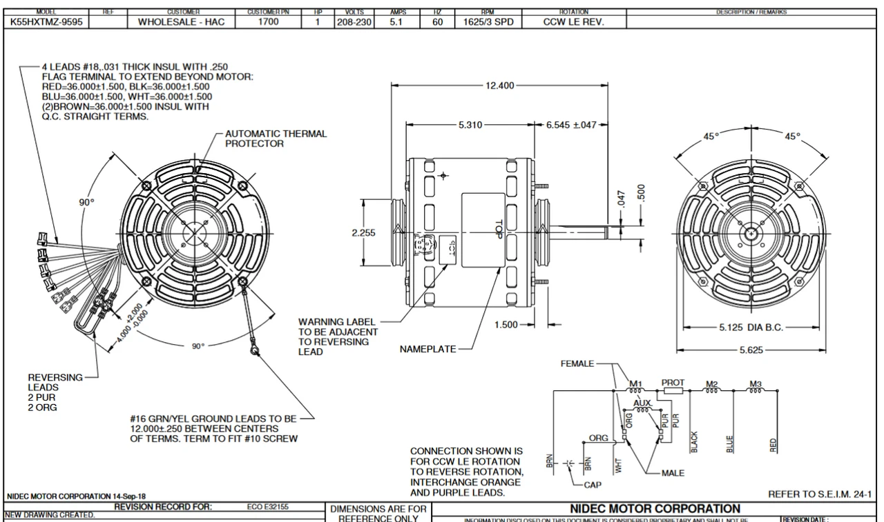 1700 Nidec 1 Hp 1625 RPM 277V 5.6" Dia. (No Base) 3-Speed OAO Fan Motor 2 1700 Nidec 1 Hp 1625 RPM 277V 5.6" Dia. (No Base) 3-Speed OAO Fan Motor - Image 2