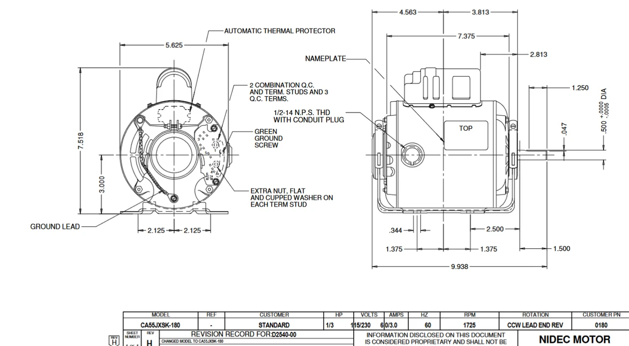 180 Nidec 1/3 Hp 1800 RPM 115/230V 5.6" Dia. (Base) 1-Speed ODP Belt Drive Motor 2 180 Nidec 1/3 Hp 1800 RPM 115/230V 5.6" Dia. (Base) 1-Speed ODP Belt Drive Motor - Image 2