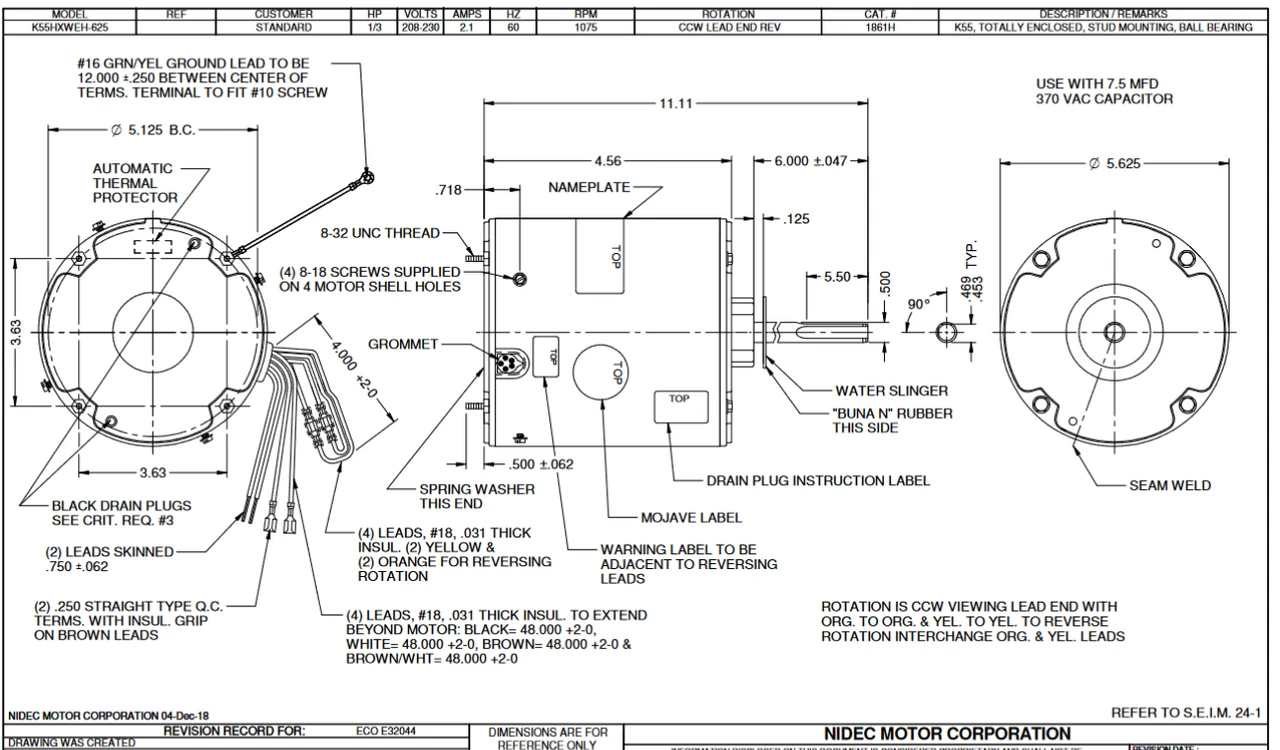 1861H Nidec 1/3 Hp 1075 RPM 208-230V 5.6" Dia. (No Base) 1-Speed TEAO Condenser Motor 2 1861H Nidec 1/3 Hp 1075 RPM 208-230V 5.6" Dia. (No Base) 1-Speed TEAO Condenser Motor - Image 2