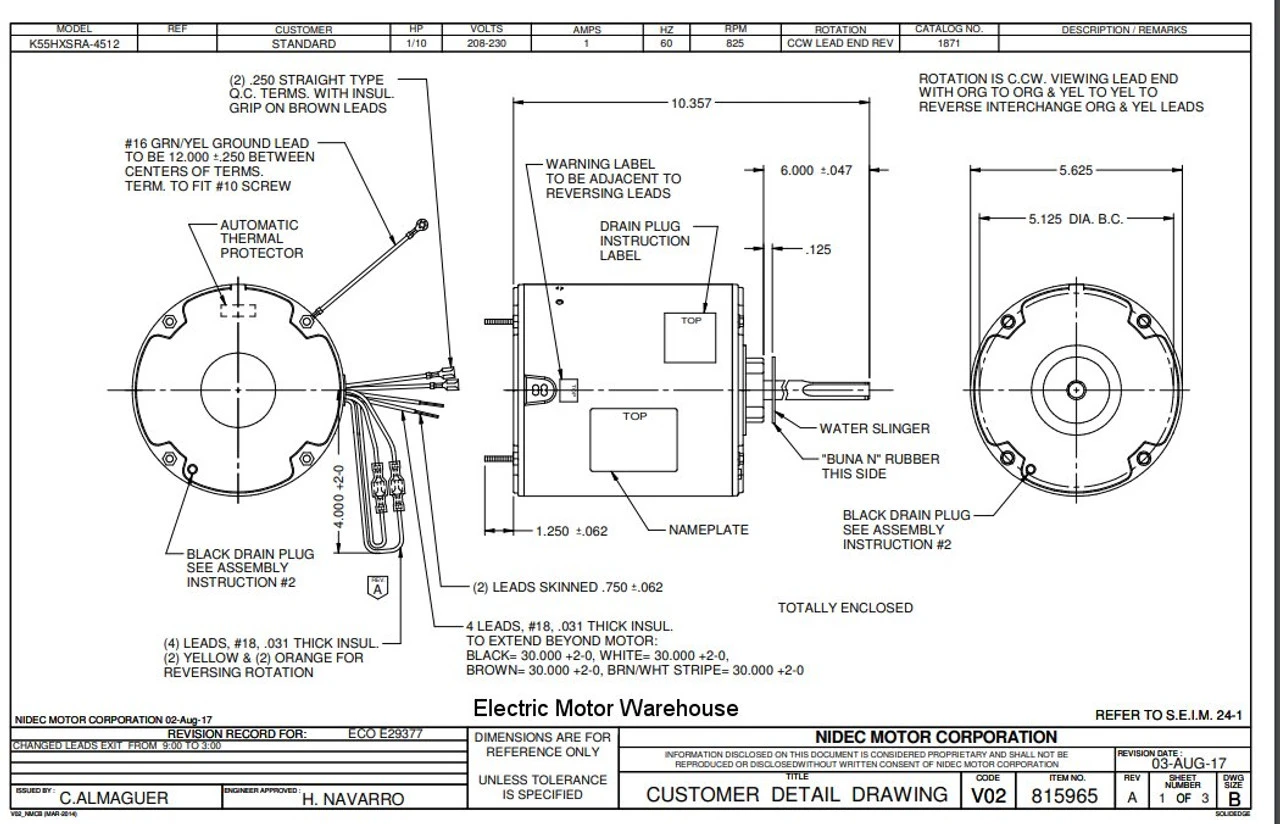 1871 Nidec | 1/10 Hp 825 RPM 1-Speed 208-230V; 5.6" Condenser Motor 2 1871 Nidec | 1/10 Hp 825 RPM 1-Speed 208-230V; 5.6" Condenser Motor - Image 2