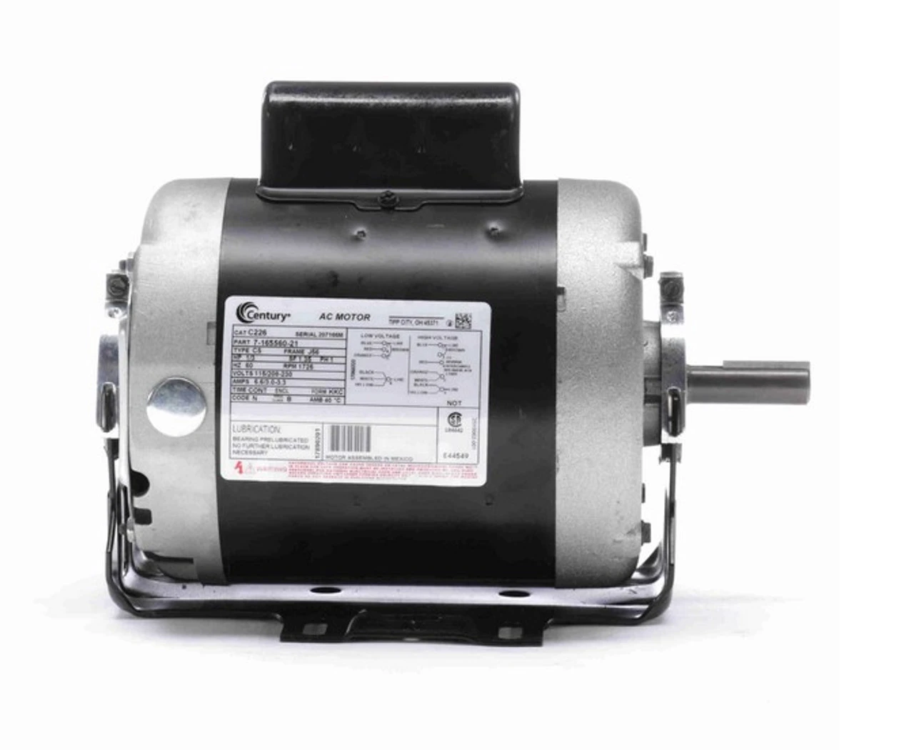 C226 Century 1/3 Hp (1 Speed) 115/208-230V 1800 RPM Open 56 Frame Cap Start Resilient Base Motor 3 C226 Century 1/3 Hp (1 Speed) 115/208-230V 1800 RPM Open 56 Frame Cap Start Resilient Base Motor - Image 3