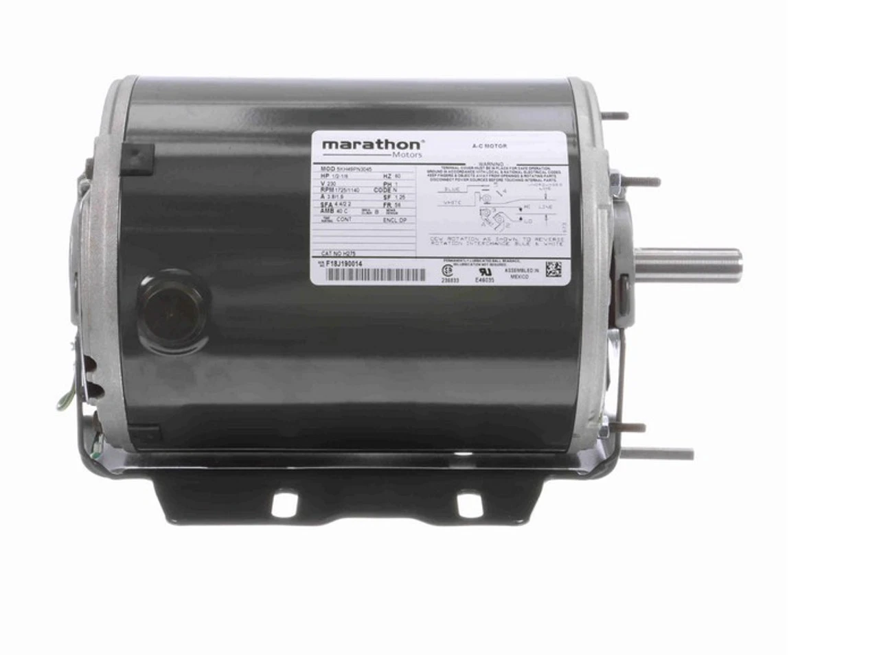 H275 Marathon 1/2 Hp (2 Speed) 230V 1800/1200 RPM ODP 56 Frame Resilient Base Blower Motor 3 H275 Marathon 1/2 Hp (2 Speed) 230V 1800/1200 RPM ODP 56 Frame Resilient Base Blower Motor - Image 3