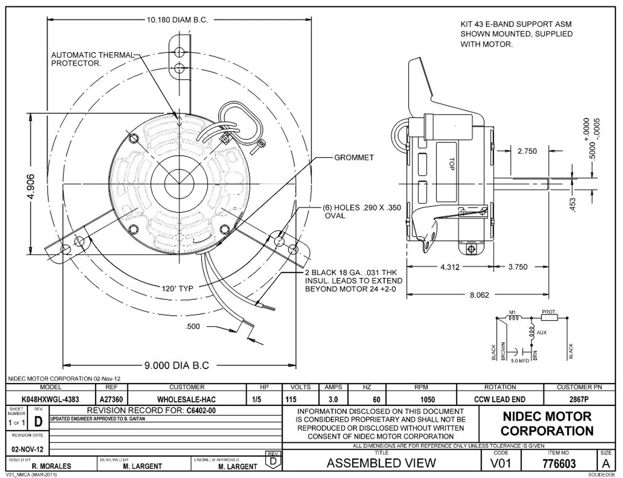 2867P Nidec | 1/5 Hp 1050 RPM 1-Speed 115V; 5" Blower Motor 2 2867P Nidec | 1/5 Hp 1050 RPM 1-Speed 115V; 5" Blower Motor - Image 2
