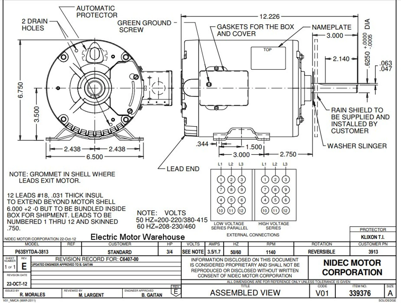 3913 Nidec | 3/4 Hp 1140 RPM, 208-230/460V; 6.5" Condenser Motor 2 3913 Nidec | 3/4 Hp 1140 RPM, 208-230/460V; 6.5" Condenser Motor - Image 2