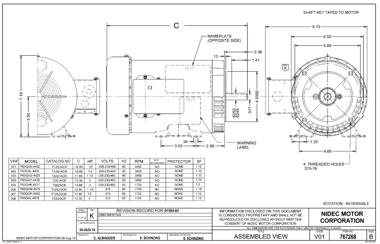 T13S1ACR Nidec 1/3 Hp 3600 RPM 56C Frame (No Base) 208-230/460V TEFC 3-Phase Electric Motor 2 T13S1ACR Nidec 1/3 Hp 3600 RPM 56C Frame (No Base) 208-230/460V TEFC 3-Phase Electric Motor - Image 2