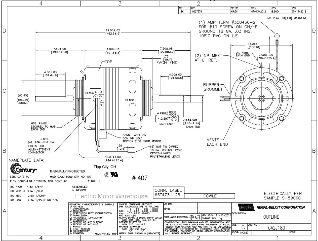 Model 407 Century 1/6 Hp 1550 RPM 4-Speed 4.4" Diameter 115V Century # 407 3 Model 407 Century 1/6 Hp 1550 RPM 4-Speed 4.4" Diameter 115V Century # 407 - Image 3