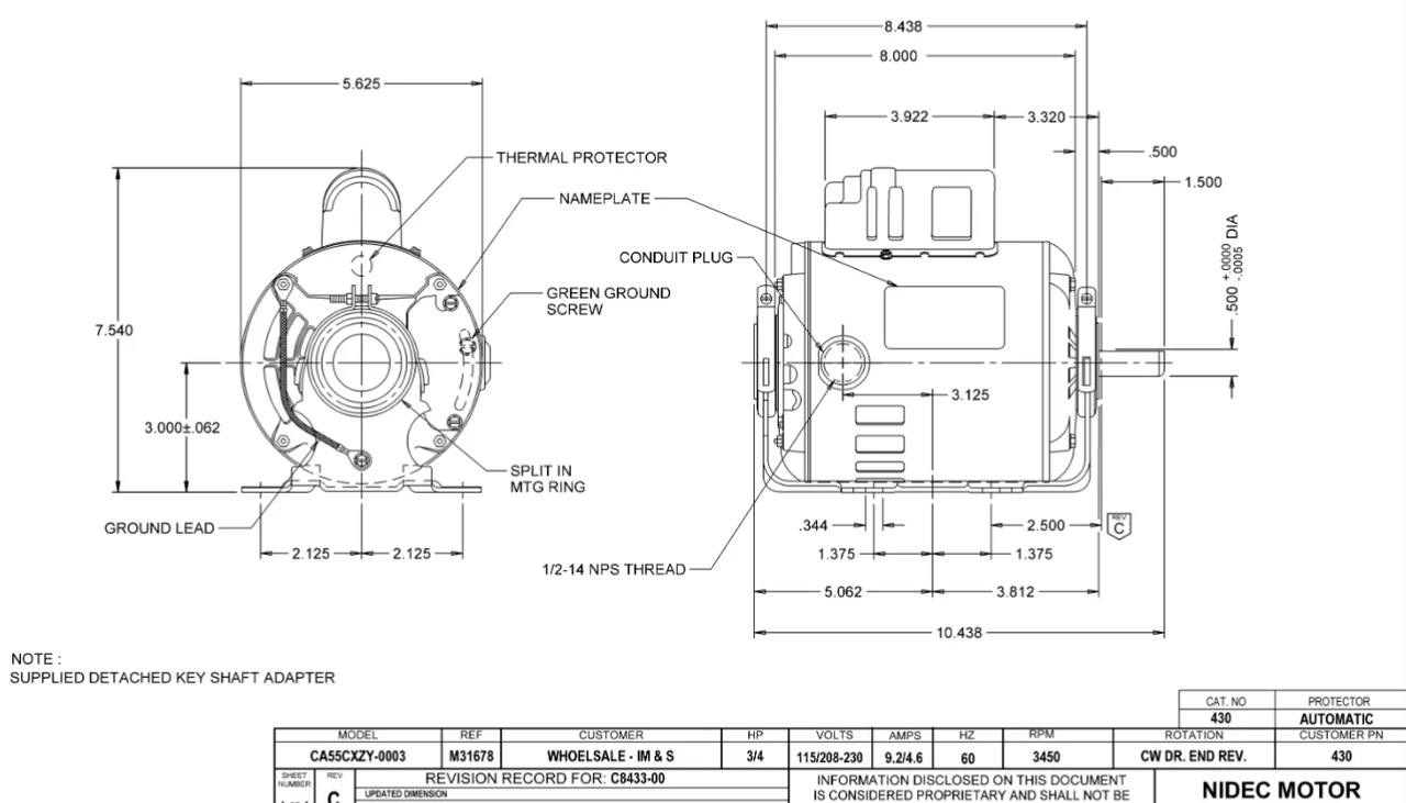 430 Nidec 3/4 Hp 3600 RPM 115/208-230V 5.6" Dia. (Base) 1-Speed ODP Belt Drive Motor 2 430 Nidec 3/4 Hp 3600 RPM 115/208-230V 5.6" Dia. (Base) 1-Speed ODP Belt Drive Motor - Image 2