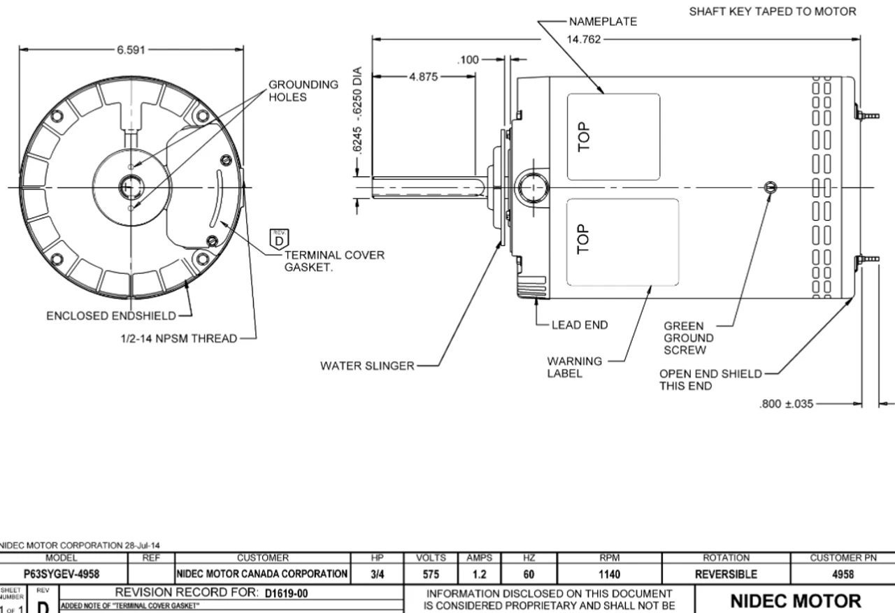 4958 Nidec 3/4 Hp 1140 RPM 575V 56YZ Frame (No Base) 1-Speed OAO 3-Phase Commercial Condenser Motor 2 4958 Nidec 3/4 Hp 1140 RPM 575V 56YZ Frame (No Base) 1-Speed OAO 3-Phase Commercial Condenser Motor - Image 2