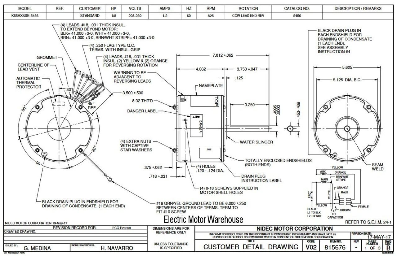5456 Nidec | 1/8 Hp 825 RPM 1-Speed 208-230V; 5.6" Condenser Motor 2 5456 Nidec | 1/8 Hp 825 RPM 1-Speed 208-230V; 5.6" Condenser Motor - Image 2