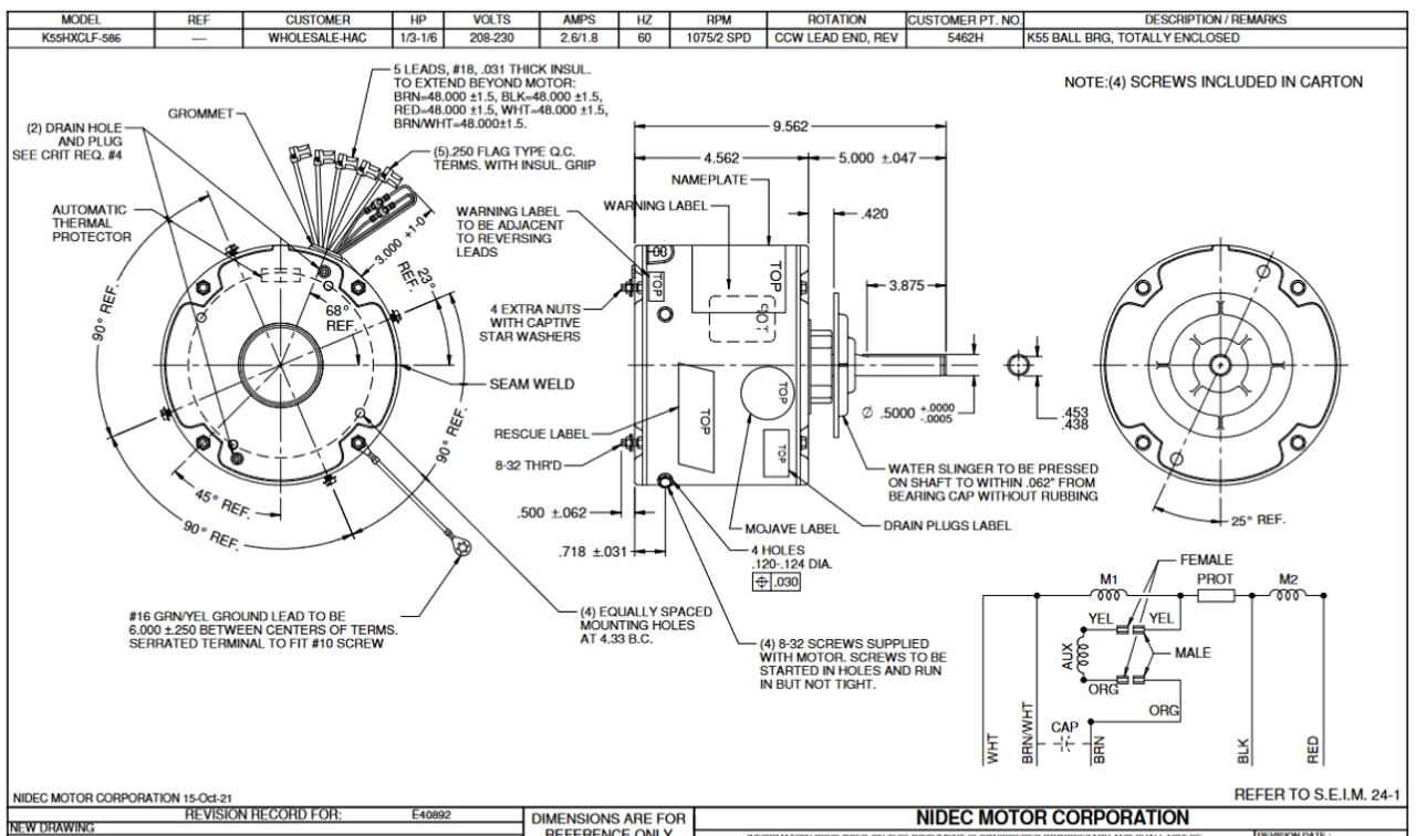 5462H Nidec Rescue 1/3 Hp 1075 RPM 208-230V 5.6" Dia. (No Base) 2-Speed TEAO Condenser Motor 2 5462H Nidec Rescue 1/3 Hp 1075 RPM 208-230V 5.6" Dia. (No Base) 2-Speed TEAO Condenser Motor - Image 2