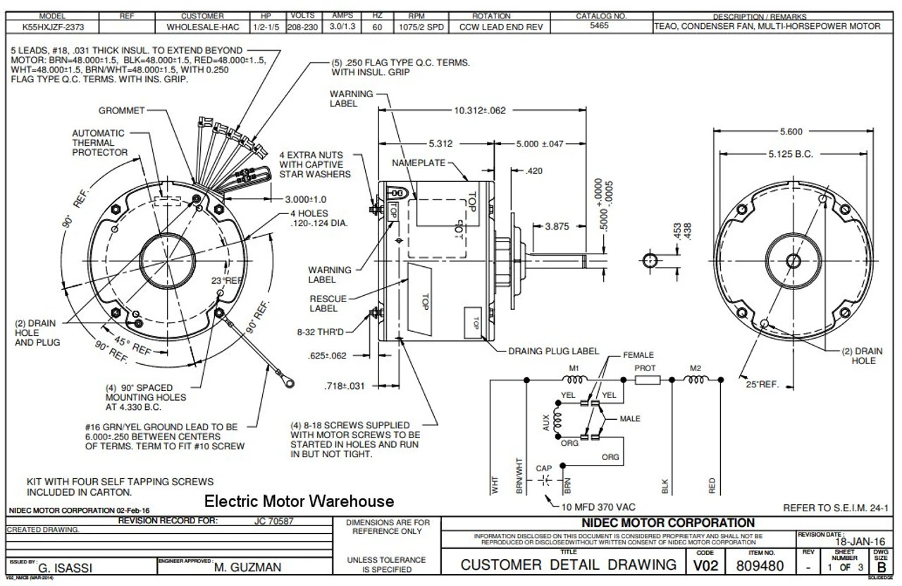 5465 Nidec | 1/2-1/5 Hp 1075 RPM 2-Speed 208-230V; 5.6" Condenser Motor 3 5465 Nidec | 1/2-1/5 Hp 1075 RPM 2-Speed 208-230V; 5.6" Condenser Motor - Image 3