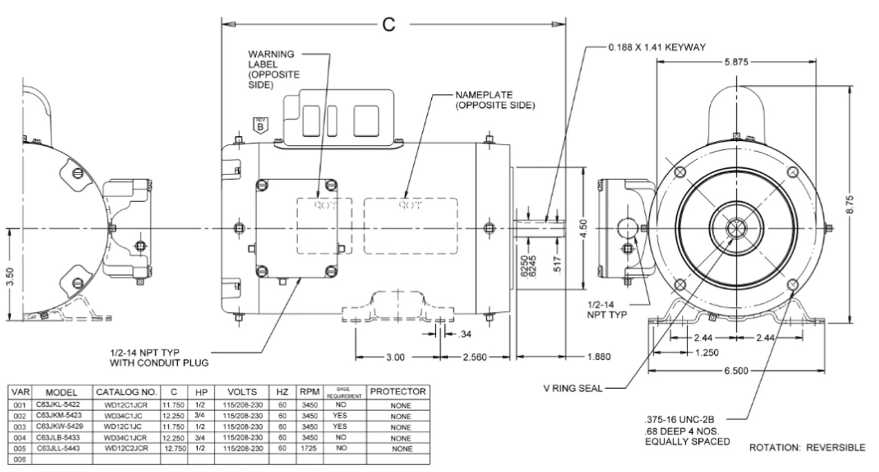 WD1C2JHC Nidec 1 Hp 1800 RPM 56HC White (Rigid Base) 115/208-230V TEFC 1-Phase Washdown Motor 2 WD1C2JHC Nidec 1 Hp 1800 RPM 56HC White (Rigid Base) 115/208-230V TEFC 1-Phase Washdown Motor - Image 2