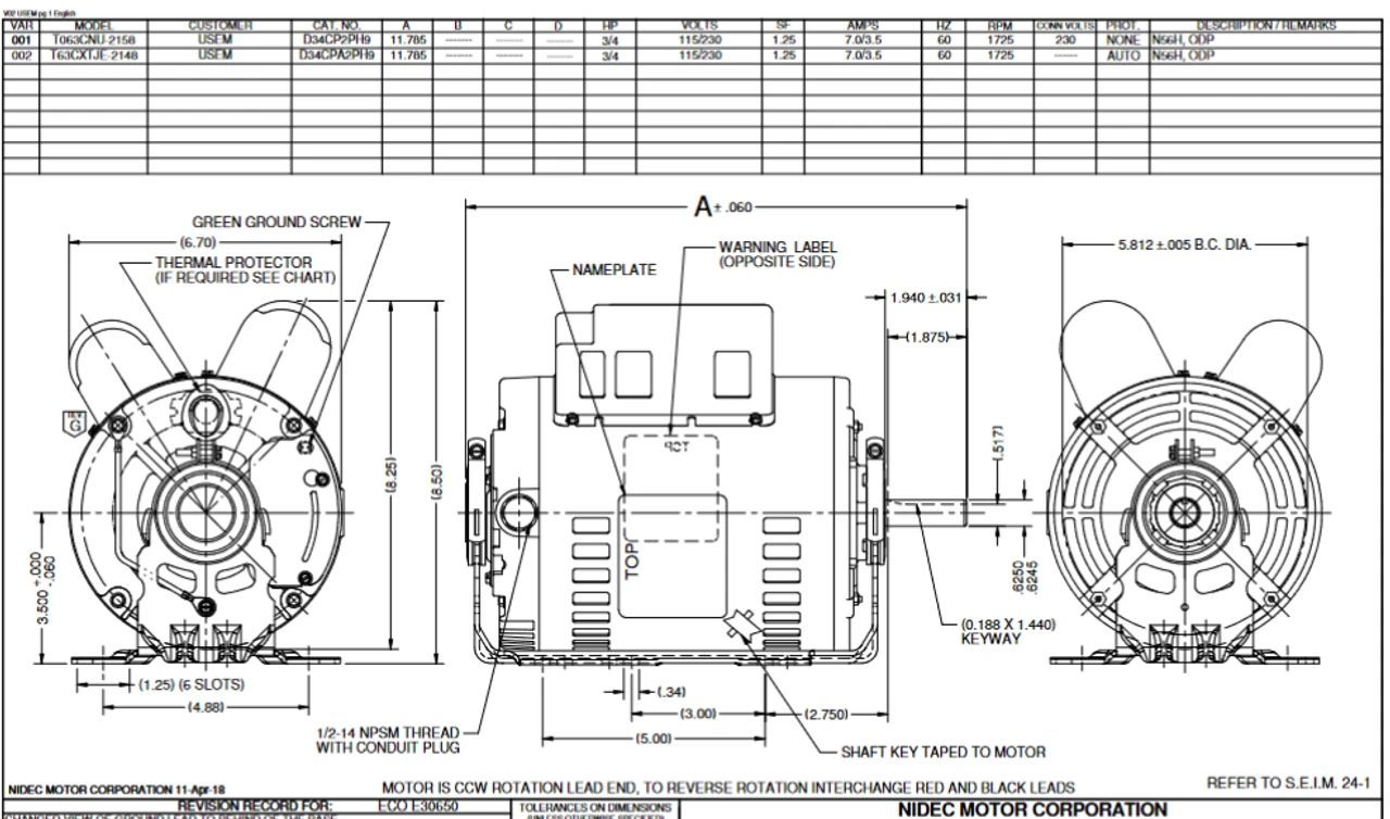 D34CPA2PH9 Nidec 3/4 Hp 1800 RPM 56H Frame (Resilient Base) 1-Speed 115/230V ODP Cap Start/Run Motor 2 D34CPA2PH9 Nidec 3/4 Hp 1800 RPM 56H Frame (Resilient Base) 1-Speed 115/230V ODP Cap Start/Run Motor - Image 2