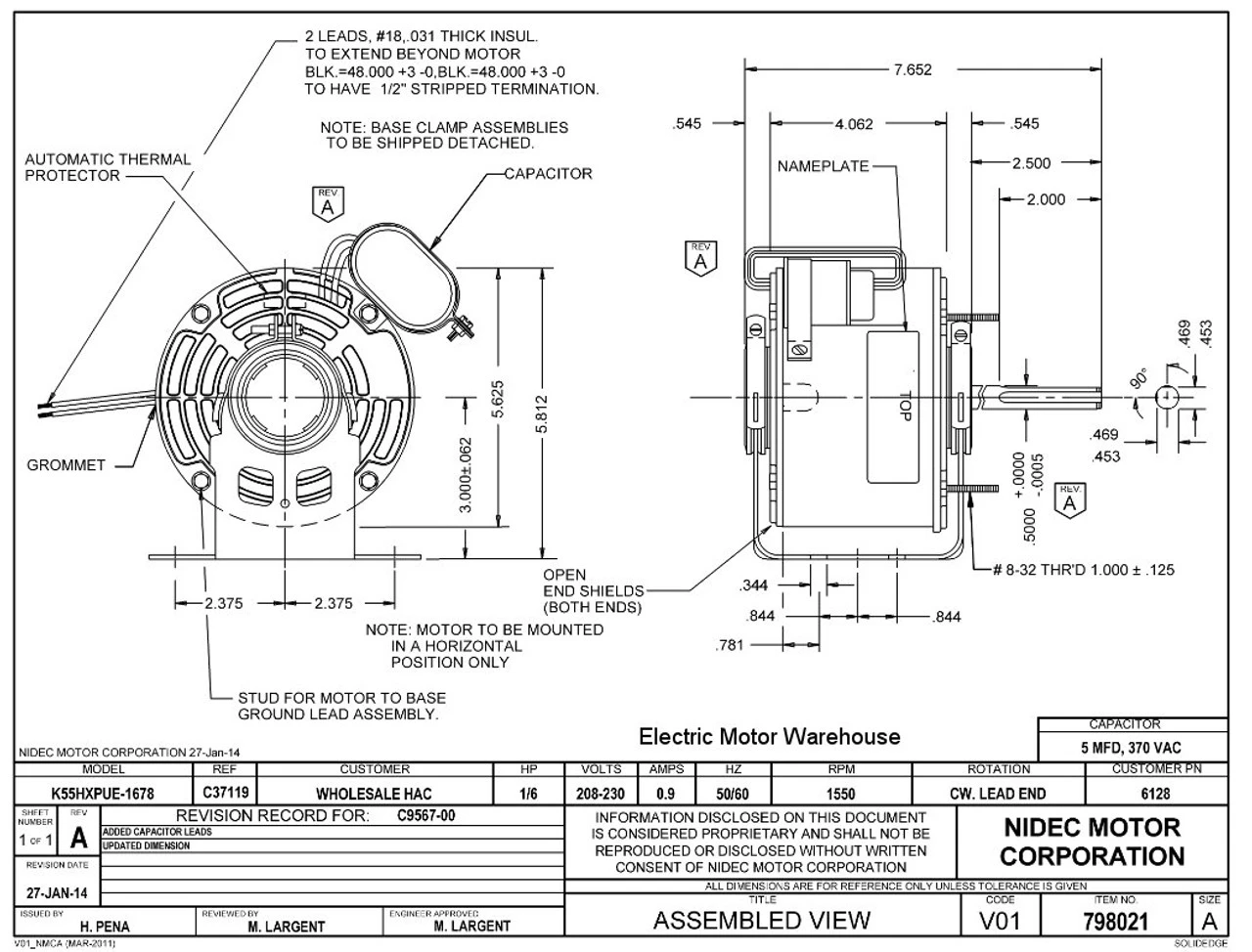 6128 Nidec | 0.167 Hp 1550 RPM 1-Speed 208-230V; 5.6" Blower Motor 2 6128 Nidec | 0.167 Hp 1550 RPM 1-Speed 208-230V; 5.6" Blower Motor - Image 2