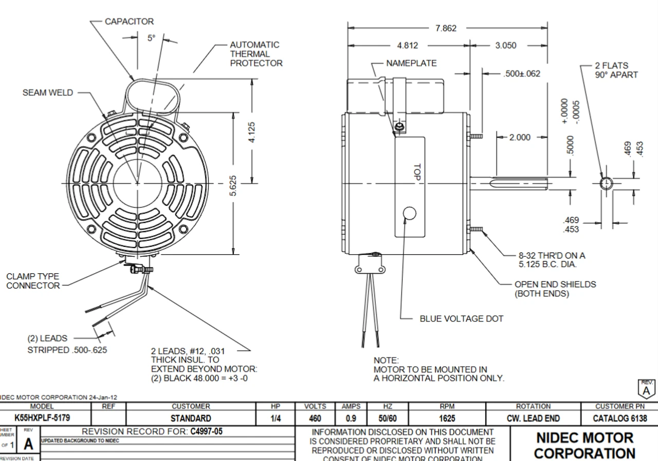 6138 Nidec 1/4 Hp 1625 RPM 460V 5.6" Dia. (No Base) 1-Speed OPAO Condenser Motor 2 6138 Nidec 1/4 Hp 1625 RPM 460V 5.6" Dia. (No Base) 1-Speed OPAO Condenser Motor - Image 2
