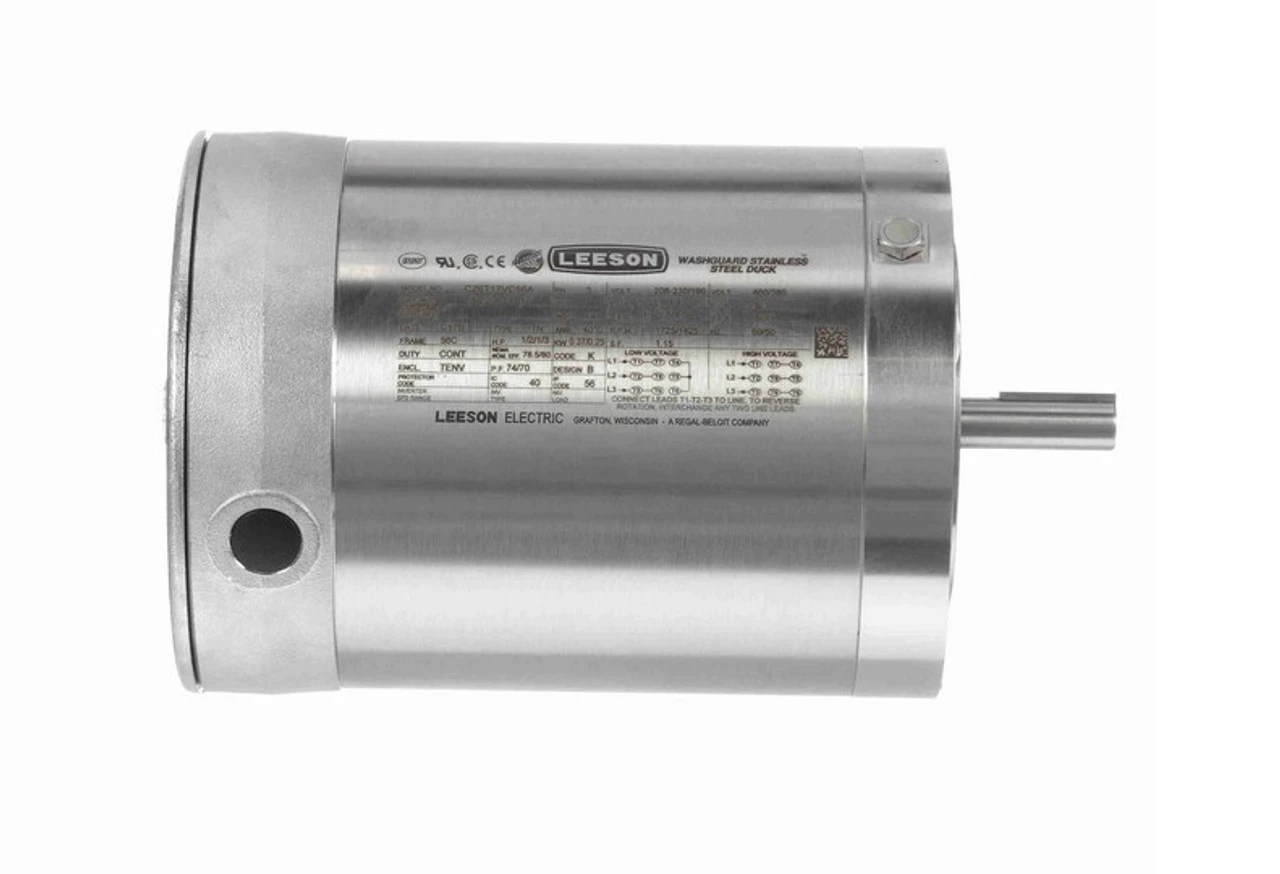 117270.00 Leeson 1/2 Hp 1800 RPM 208-230/460V 56C Frame (No Base) TENV 3-Phase Premium-Stainless Wash-Down Motor 3 117270.00 Leeson 1/2 Hp 1800 RPM 208-230/460V 56C Frame (No Base) TENV 3-Phase Premium-Stainless Wash-Down Motor - Image 3