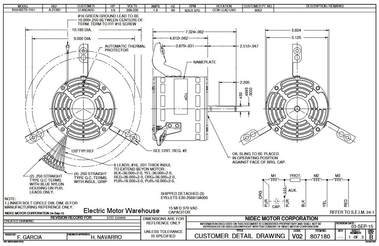 8052 Nidec | 1/3 Hp 825 RPM 1-Speed 208-230V; 5.6" Blower Motor 2 8052 Nidec | 1/3 Hp 825 RPM 1-Speed 208-230V; 5.6" Blower Motor - Image 2