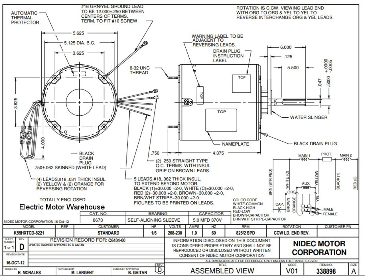 8673 Nidec | 1/6 Hp 825 RPM 2-Speed 208-230V; 5.6" Condenser Motor 2 8673 Nidec | 1/6 Hp 825 RPM 2-Speed 208-230V; 5.6" Condenser Motor - Image 2