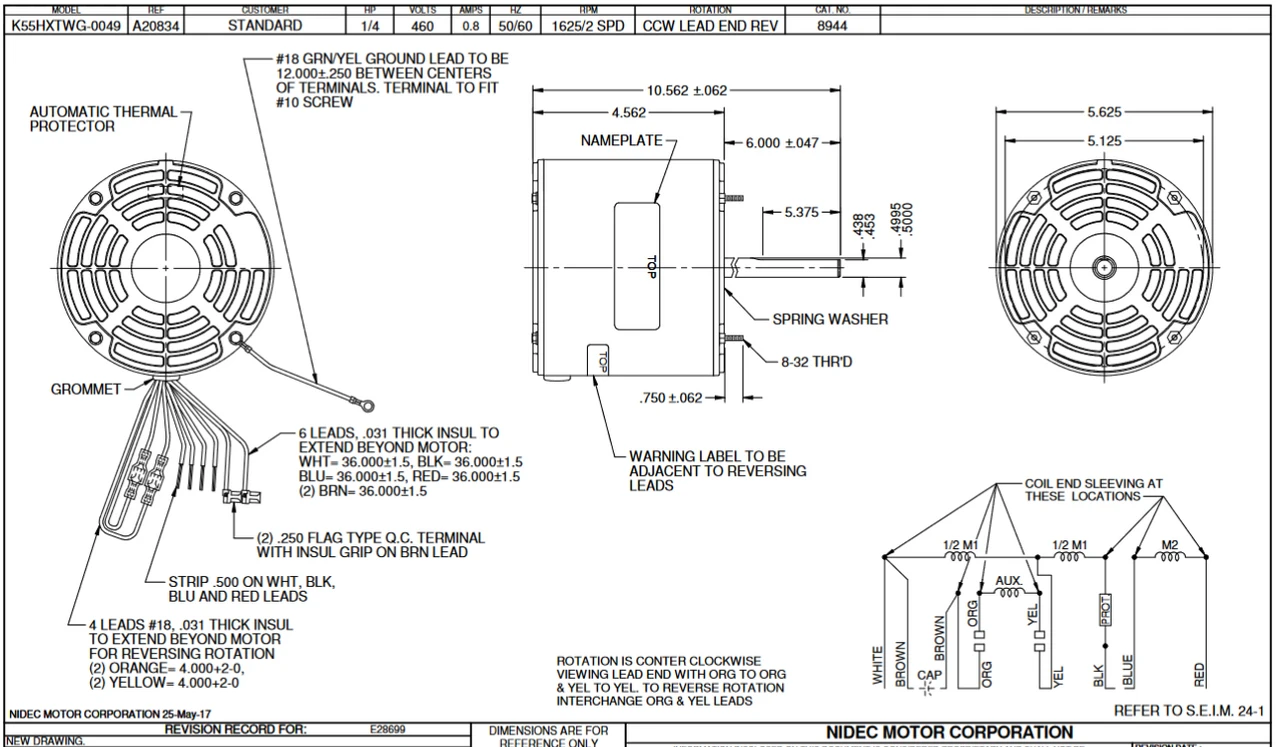 8944 Nidec 1/4 Hp 1625 RPM 460V 5.6" Dia. (No Base) 2-Speed OAO Fan Motor 2 8944 Nidec 1/4 Hp 1625 RPM 460V 5.6" Dia. (No Base) 2-Speed OAO Fan Motor - Image 2