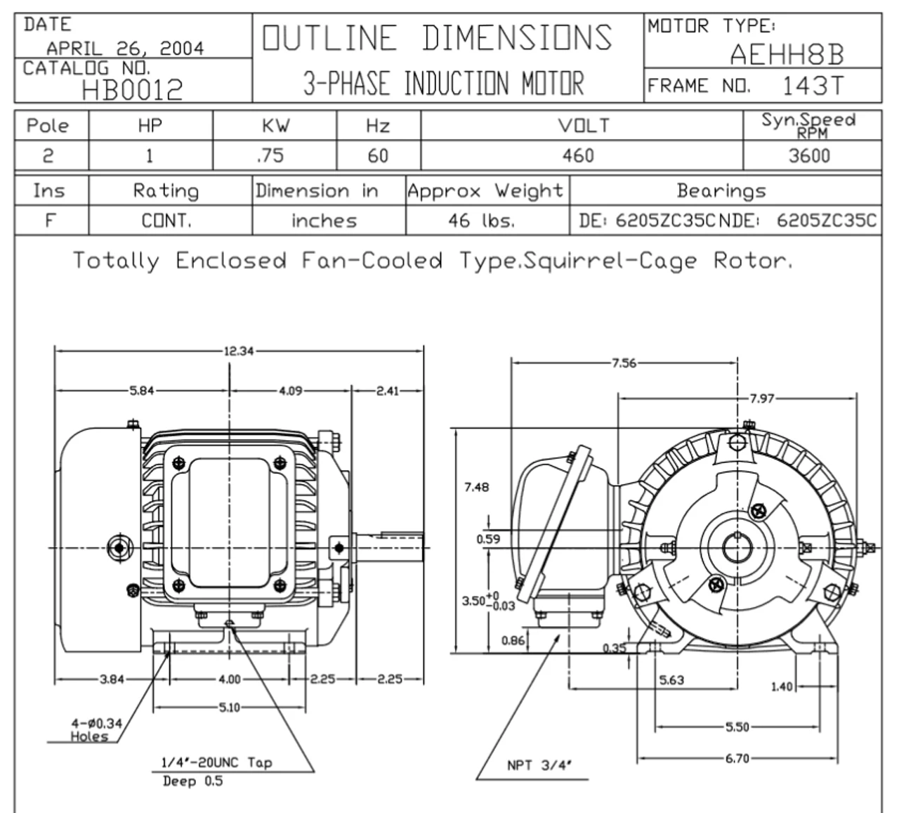 HB0012 TECO-Westinghouse 1 Hp 3600 RPM 143T 460V TEFC Severe Duty Petro-Chem 3-Ph Motor 2 HB0012 TECO-Westinghouse 1 Hp 3600 RPM 143T 460V TEFC Severe Duty Petro-Chem 3-Ph Motor - Image 2