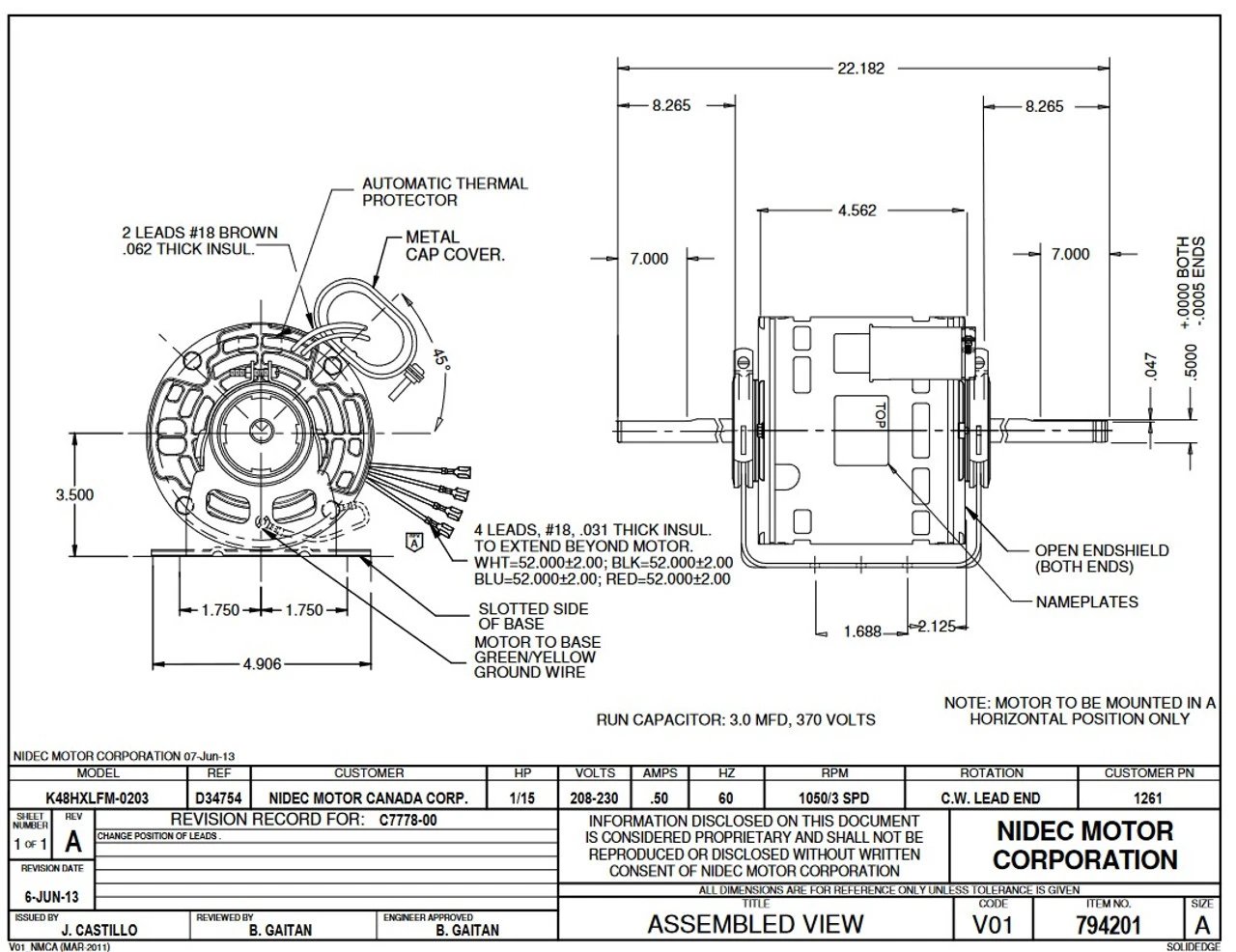 1261 Nidec | 1/15 Hp 1050 RPM 3-Speed 208-230V; 5.0" Blower Motor 2 1261 Nidec | 1/15 Hp 1050 RPM 3-Speed 208-230V; 5.0" Blower Motor - Image 2