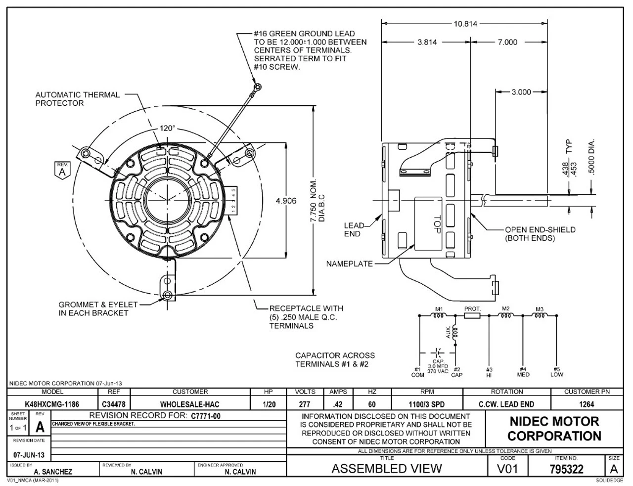 1264 Nidec | 1/20 Hp 1100 RPM 3-Speed 277V; 5" Blower Motor 2 1264 Nidec | 1/20 Hp 1100 RPM 3-Speed 277V; 5" Blower Motor - Image 2
