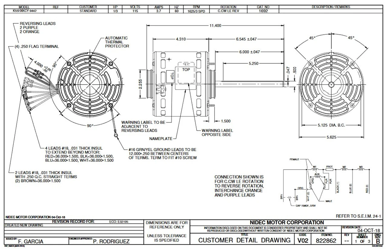 1692 Nidec | 1/3 Hp 1625 RPM 3-Speed 115V; 5.6" Blower Motor 2 1692 Nidec | 1/3 Hp 1625 RPM 3-Speed 115V; 5.6" Blower Motor - Image 2