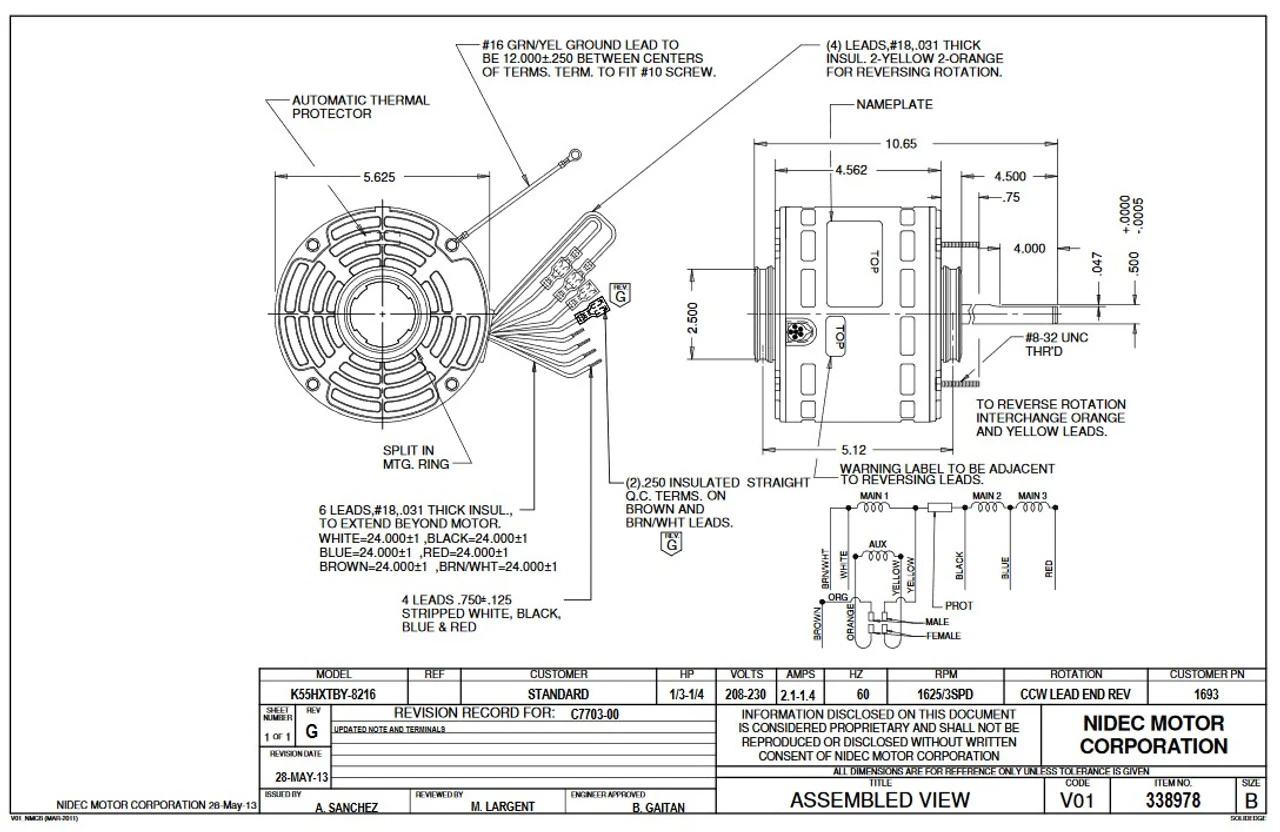 1693 Nidec | 1/3 Hp 1625 RPM 3-Speed 208-230V; 5.6" Blower Motor 2 1693 Nidec | 1/3 Hp 1625 RPM 3-Speed 208-230V; 5.6" Blower Motor - Image 2