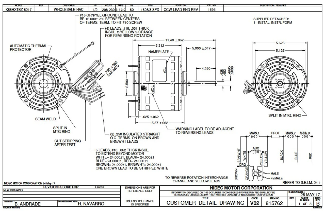 1695 Nidec | 1/2 Hp 1625 RPM 3-Speed 208-230V; 5.6" Blower Motor 2 1695 Nidec | 1/2 Hp 1625 RPM 3-Speed 208-230V; 5.6" Blower Motor - Image 2