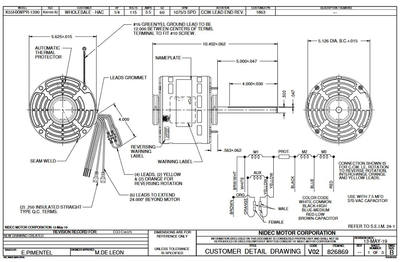 1863 Nidec | 1/4 Hp 1075 RPM 3-Speed 115V; 5.6" Blower Motor 2 1863 Nidec | 1/4 Hp 1075 RPM 3-Speed 115V; 5.6" Blower Motor - Image 2