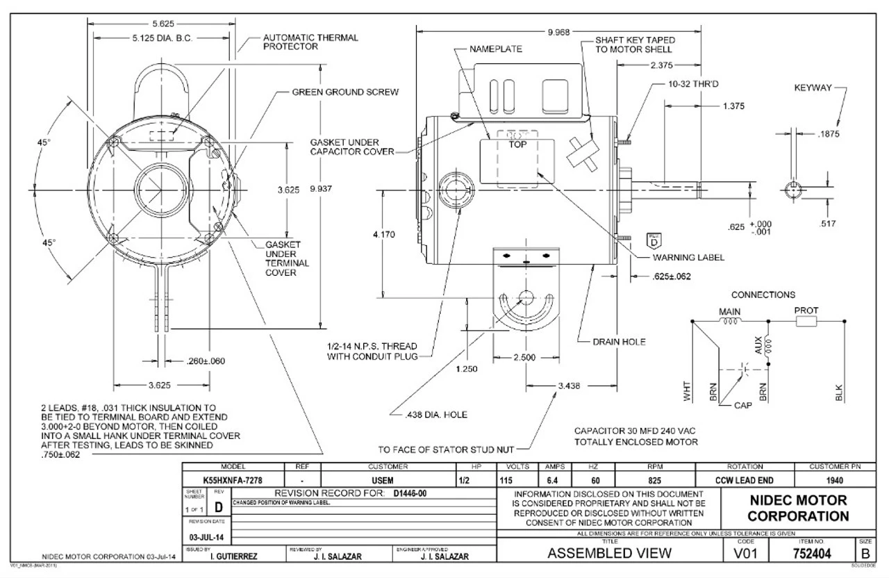 1940 Nidec | 1/2 Hp 825 RPM 1-Speed 115V; 5.6" Yoke Mount Fan Motor 2 1940 Nidec | 1/2 Hp 825 RPM 1-Speed 115V; 5.6" Yoke Mount Fan Motor - Image 2