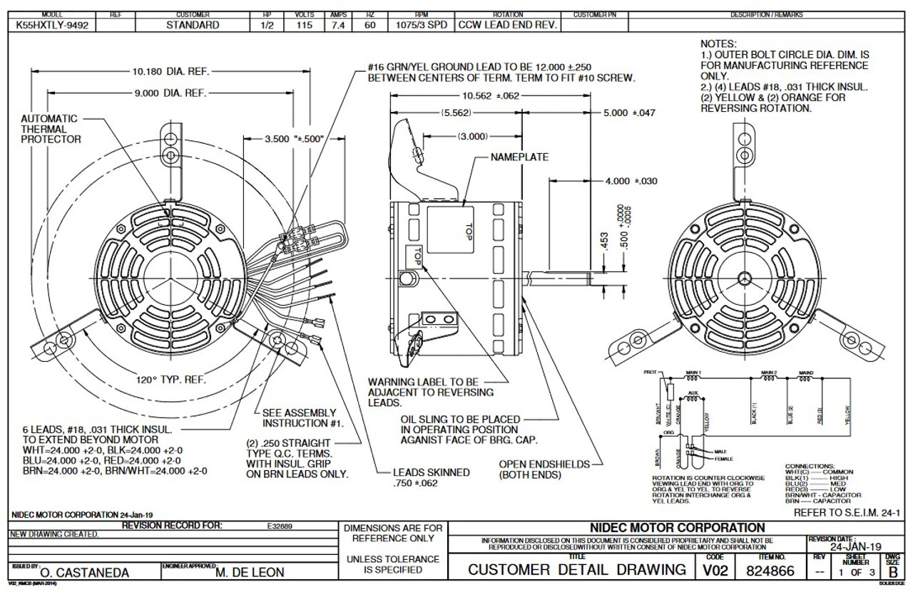 3787 Nidec | 1/2 Hp 1075 RPM 3-Speed 115V; 5.6" Blower Motor 2 3787 Nidec | 1/2 Hp 1075 RPM 3-Speed 115V; 5.6" Blower Motor - Image 2