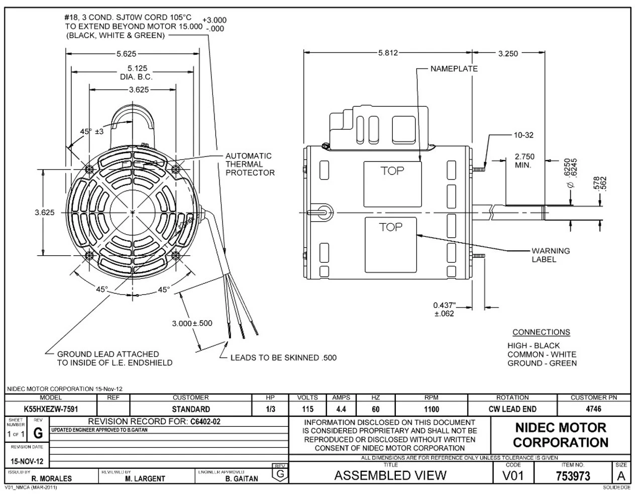 4746 Nidec | 1/3 Hp 1100 RPM 1-Speed 115V; 5.0" Blower Motor 2 4746 Nidec | 1/3 Hp 1100 RPM 1-Speed 115V; 5.0" Blower Motor - Image 2
