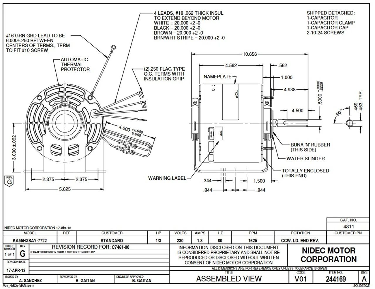 4811 Nidec | 1/3 Hp 1625 RPM 1-Speed 230V; 5.6" Condenser Motor 2 4811 Nidec | 1/3 Hp 1625 RPM 1-Speed 230V; 5.6" Condenser Motor - Image 2