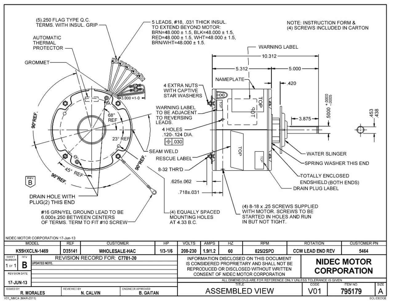 5464 Nidec | 1/3 Hp 825 RPM 2-Speed 208-230V; 5.6" Condenser Motor 3 5464 Nidec | 1/3 Hp 825 RPM 2-Speed 208-230V; 5.6" Condenser Motor - Image 3