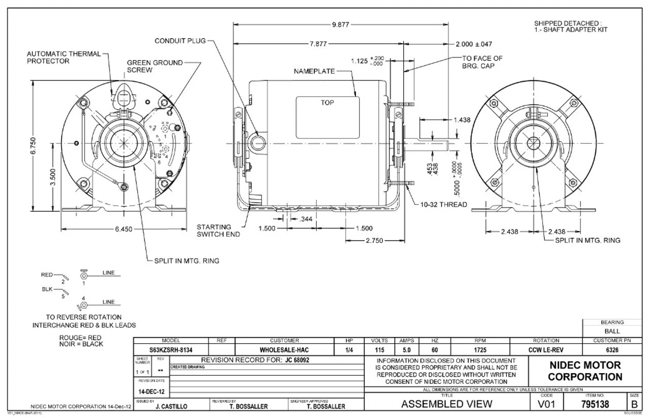6326 Nidec | 1/4 Hp 1725 RPM 1-Speed 115V; 6.5" Blower Motor 2 6326 Nidec | 1/4 Hp 1725 RPM 1-Speed 115V; 6.5" Blower Motor - Image 2