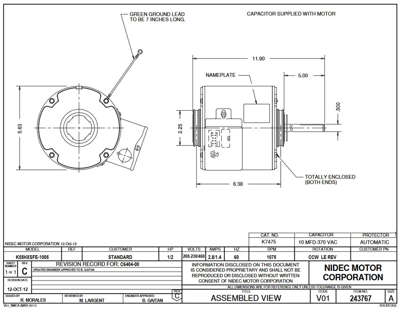 7475 Nidec | 1/2 Hp 1075 RPM 1-Speed 208-230/460V; 5.6" Condenser Motor 2 7475 Nidec | 1/2 Hp 1075 RPM 1-Speed 208-230/460V; 5.6" Condenser Motor - Image 2