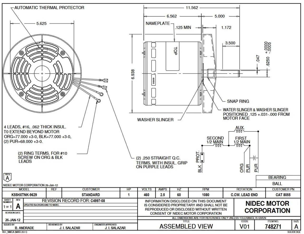 8055 Nidec | 1 Hp 1080 RPM 1-Speed 460V; 5.6" Condensor Fan Motor 2 8055 Nidec | 1 Hp 1080 RPM 1-Speed 460V; 5.6" Condensor Fan Motor - Image 2