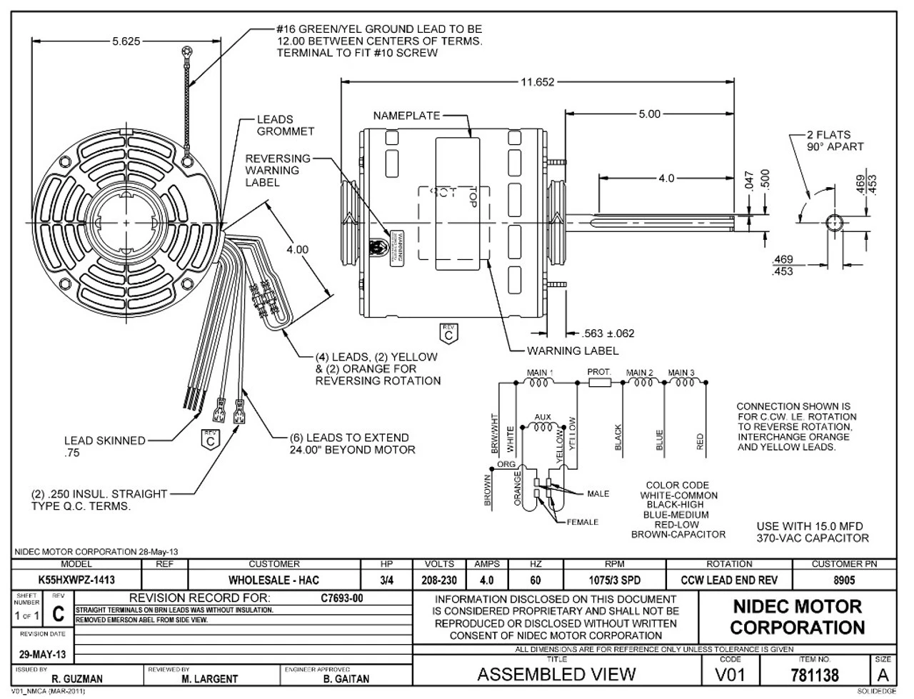 8905 Nidec | 3/4 Hp 1075 RPM 3-Speed 208-230V; 5.6" Blower Motor 3 8905 Nidec | 3/4 Hp 1075 RPM 3-Speed 208-230V; 5.6" Blower Motor - Image 3