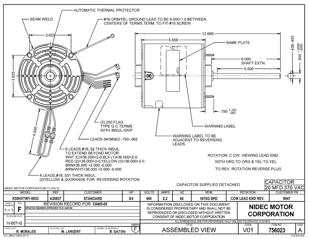 8947 Nidec | 3/4 Hp 1075 RPM 2-Speed 460V; 5.6" Blower Motor 2 8947 Nidec | 3/4 Hp 1075 RPM 2-Speed 460V; 5.6" Blower Motor - Image 2