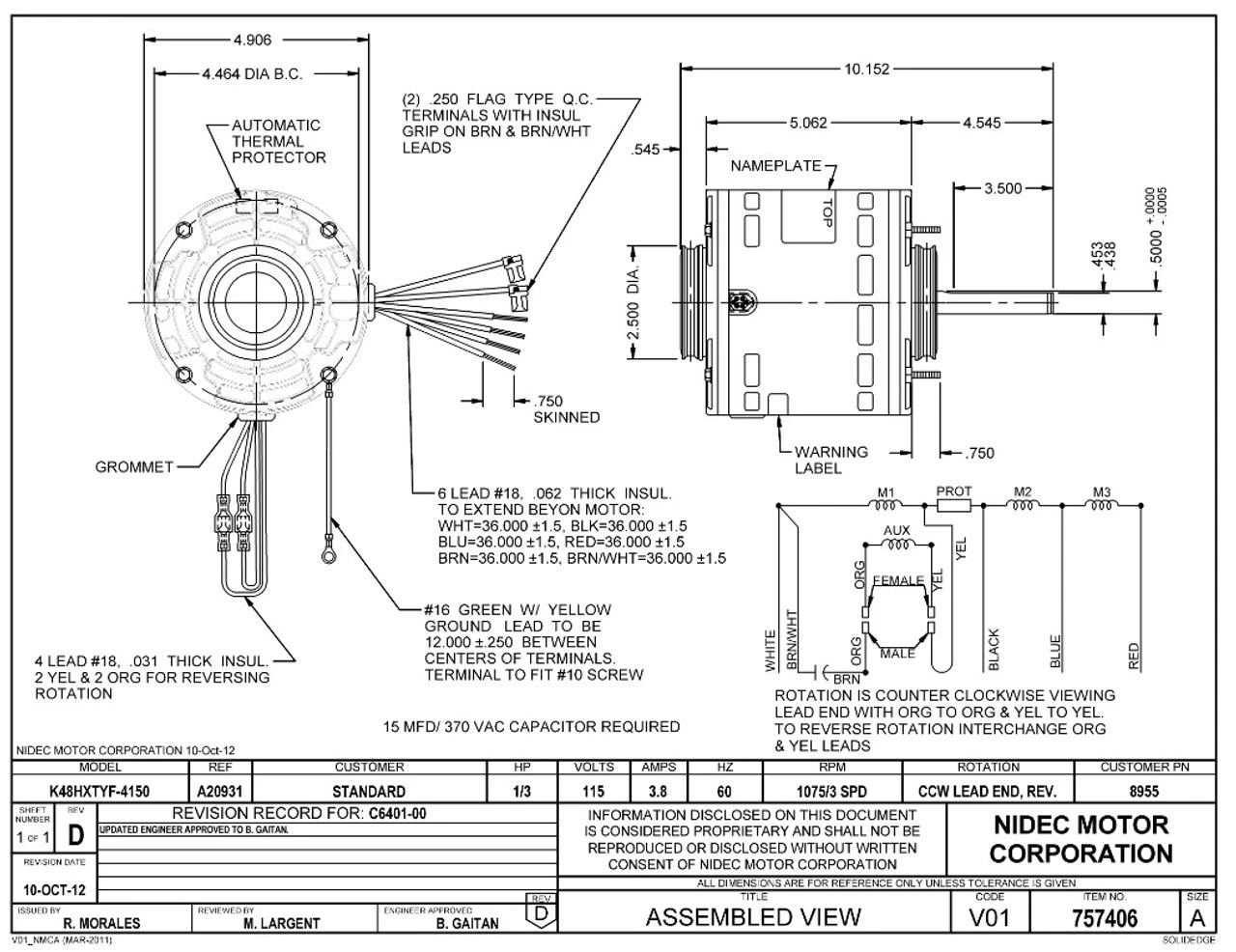 8955 Nidec | 1/3 Hp 1075 RPM 3-Speed 115V; 5.0" Blower Motor 2 8955 Nidec | 1/3 Hp 1075 RPM 3-Speed 115V; 5.0" Blower Motor - Image 2