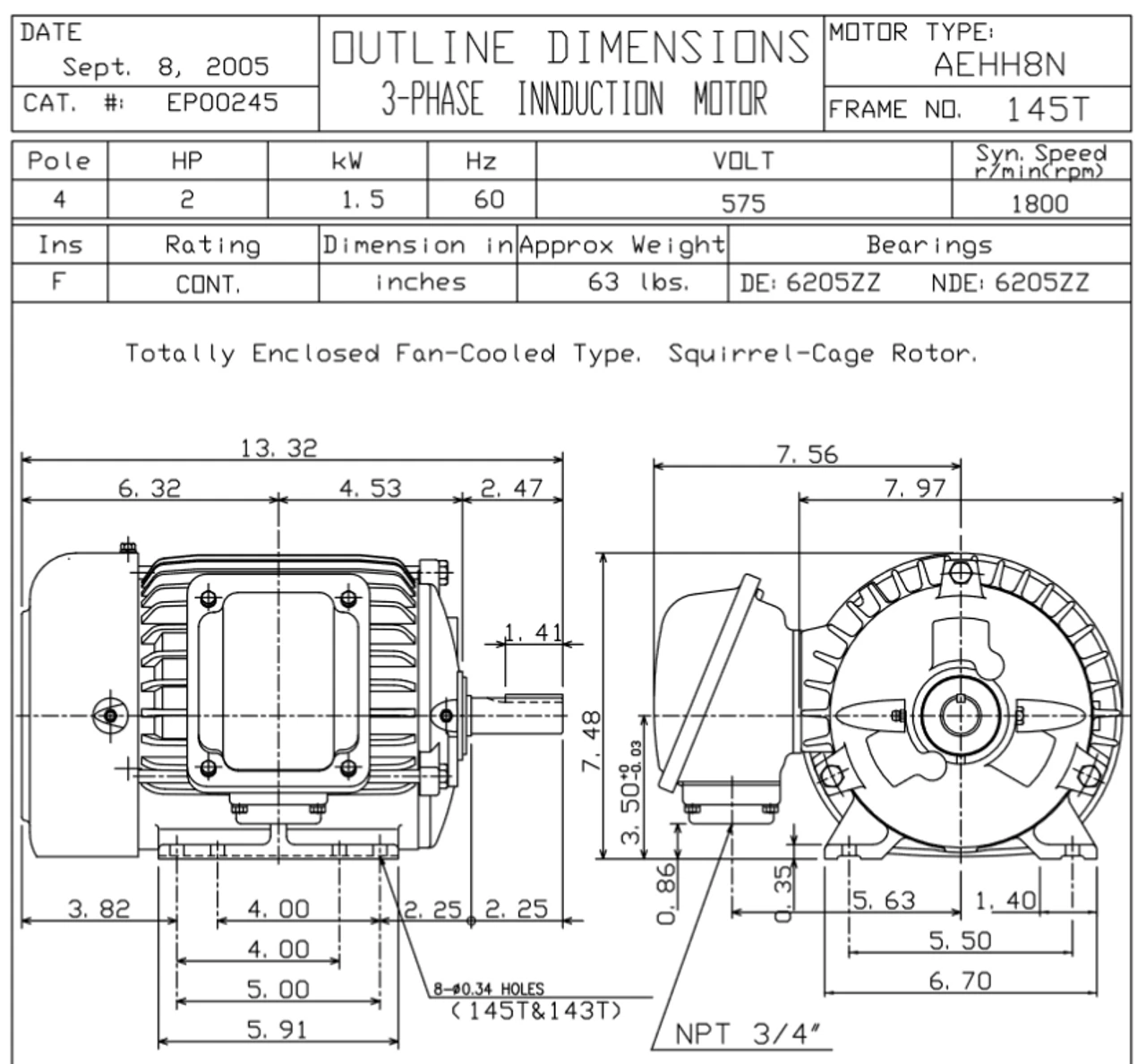 EP00245 TECO Westinghouse 2 Hp 1800 RPM 145T Cast Iron 575V TEFC Severe Duty 3-Phase Motor 2 EP00245 TECO Westinghouse 2 Hp 1800 RPM 145T Cast Iron 575V TEFC Severe Duty 3-Phase Motor - Image 2