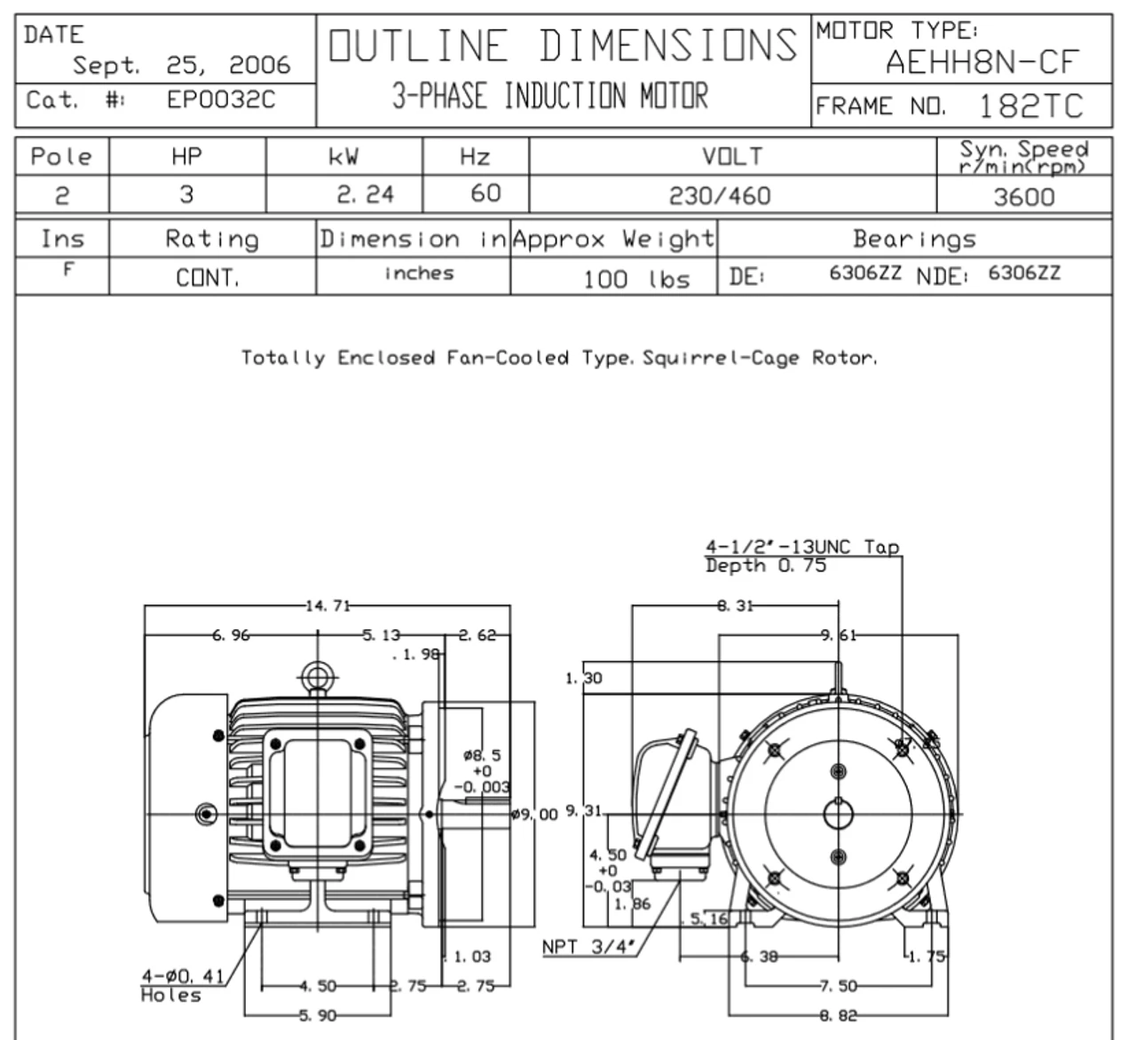 EP0032C TECO Westinghouse 3 Hp 3600 RPM 182TC Cast Iron 230/460V TEFC Severe Duty 3-Phase Motor 2 EP0032C TECO Westinghouse 3 Hp 3600 RPM 182TC Cast Iron 230/460V TEFC Severe Duty 3-Phase Motor - Image 2